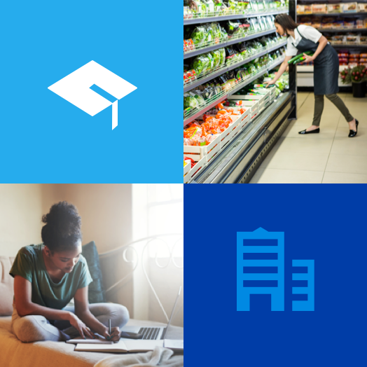 collage of graduation cap, woman in grocery store, woman on laptop, and icon of building